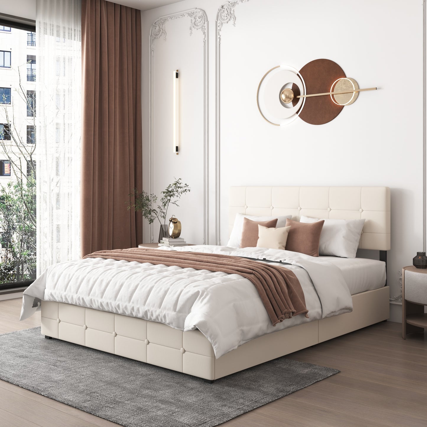 SYNGAR Storage Upholstered Queen Platform Bed Frame with 4 Drawers, Queen Size Storage Bed with Button Tufted Headboard, Metal Mattress Foundation with Strong Slats, No Box Spring Needed, Beige