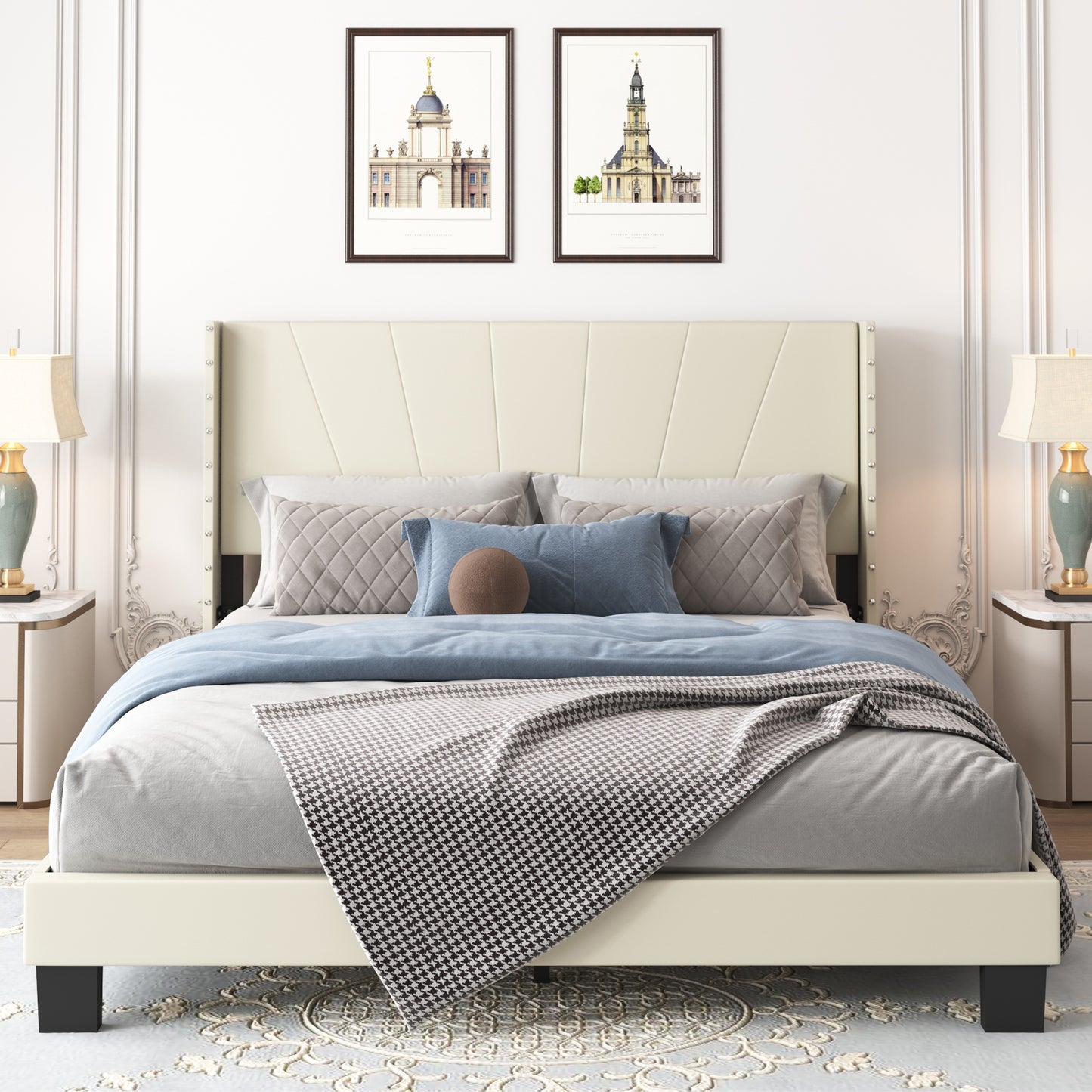 SYNGAR Beige Fabric Upholstered Platform Bed Frame Full Size with Elegant Headboard, Wood Frame Bedroom Furniture with Strong Slat Support, No Box Spring Needed, Noise Free, Easy Assembly