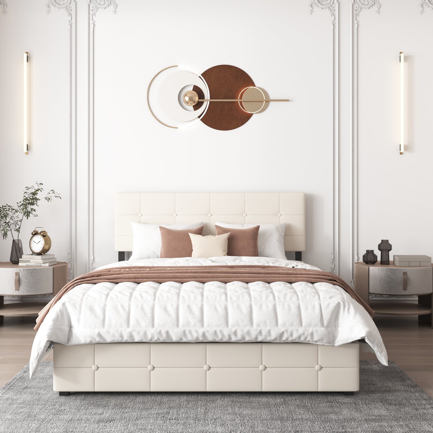 SYNGAR Storage Upholstered Queen Platform Bed Frame with 4 Drawers, Queen Size Storage Bed with Button Tufted Headboard, Metal Mattress Foundation with Strong Slats, No Box Spring Needed, Beige