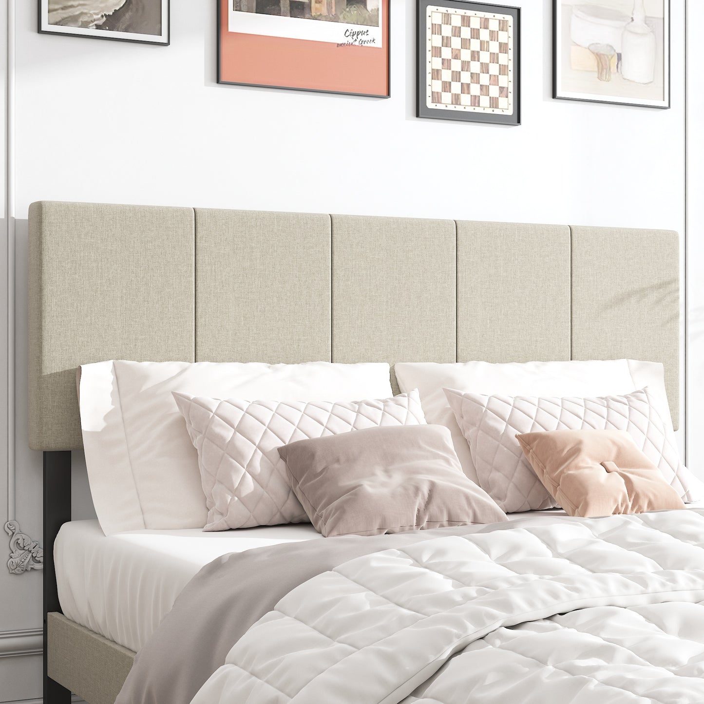 Beige Upholstered Fabric Platform Bed Frame Queen Size with Elegant Headboard, Metal Frame Mattress Foundation with Strong Wooden Slat Support