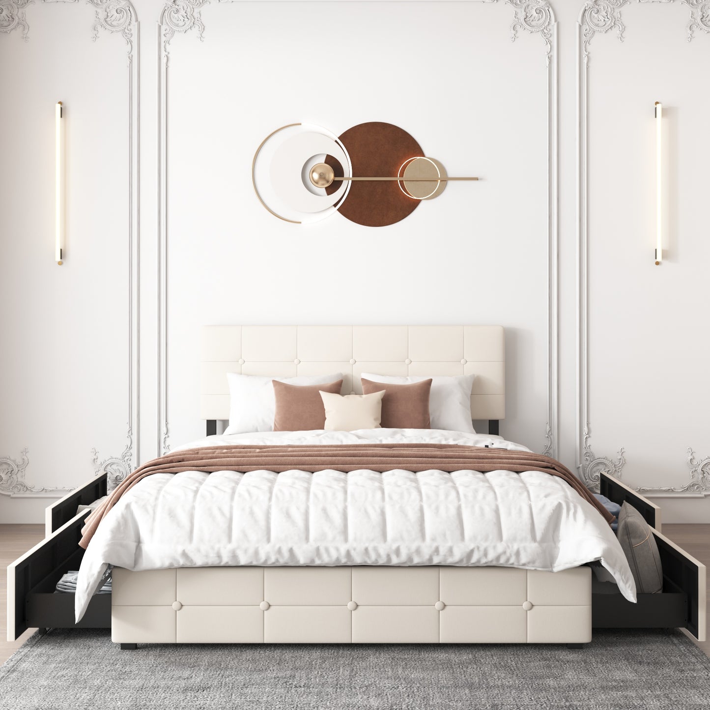 SYNGAR Storage Upholstered Queen Platform Bed Frame with 4 Drawers, Queen Size Storage Bed with Button Tufted Headboard, Metal Mattress Foundation with Strong Slats, No Box Spring Needed, Beige