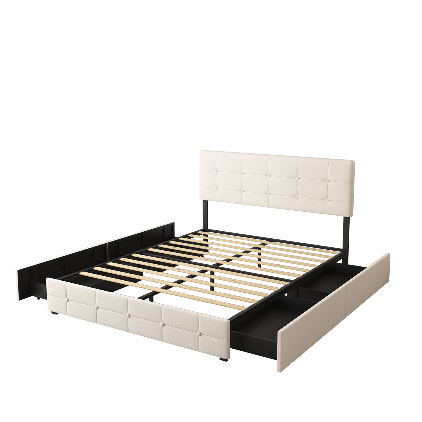 SYNGAR Queen Size Platform Bed Frame with 4 Drawers, Modern Button Tufted Velvet Upholstered, Adjustable Headboard, Beige