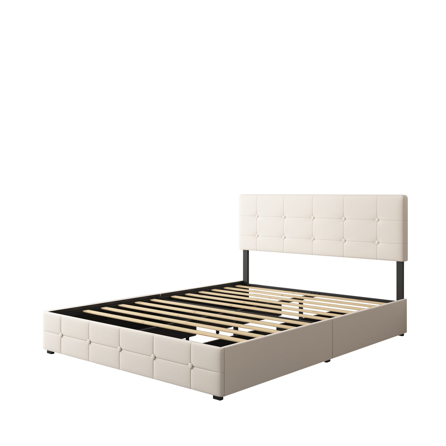 SYNGAR Queen Size Platform Bed Frame with 4 Drawers, Modern Button Tufted Velvet Upholstered, Adjustable Headboard, Beige
