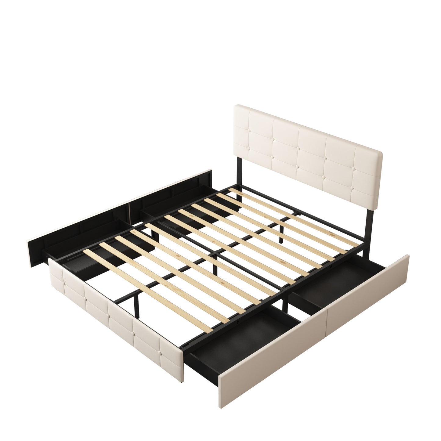 SYNGAR Queen Size Platform Bed Frame with 4 Drawers, Modern Button Tufted Velvet Upholstered, Adjustable Headboard, Beige