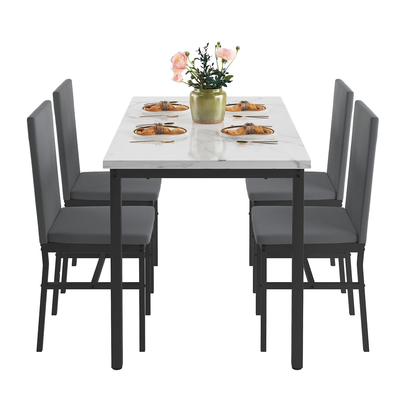 5 Piece Dining Table Set, Kitchen Dining Table and Chairs Set for 4, Modern Marble Table and 4 Velvet Fabric Upholstered Chairs, Home Dining Set for Small Space, Breakfast Nook, D8923