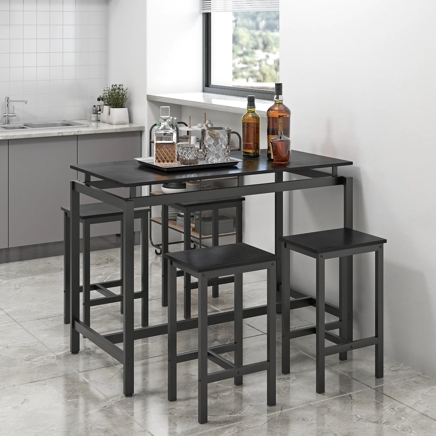 SYNGAR 5 Piece Pub Table Set, Counter Height Bar Table Set with 4 Stools, Modern Home 4-Person Dining Table Set, Kitchen Breakfast Table and Stools, Black, D6640