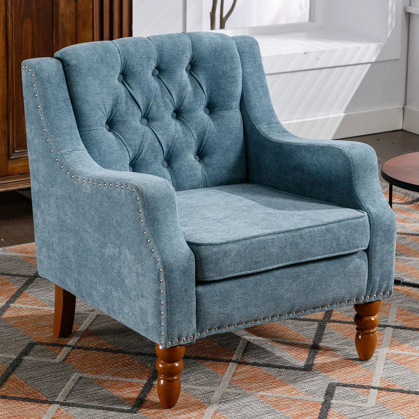 SYNGAR Accent Chair, Mid-Century Linen Accent Armchair with Vintage Brass Studs, Solid Wood Legs, Button Tufted Upholstered, Comfy Reading Chair for Living Room and Bedroom, Reception Room, Blue