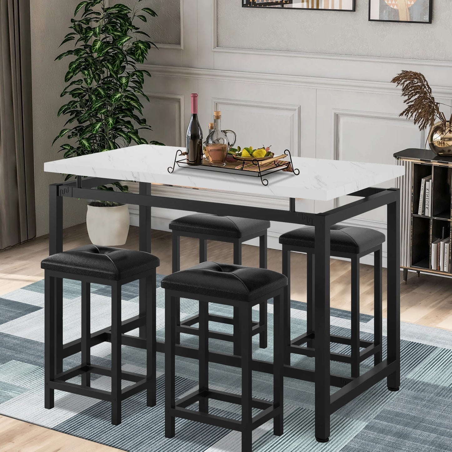 Counter Height Bar Table Set, 5 Piece Dining Table Set, Modern Pub Table with 4 PU Leather Cushioned Stools, Home Faux Marble Dining Table and Stools Set, 4-Person Kitchen Breakfast Table Set, D7771