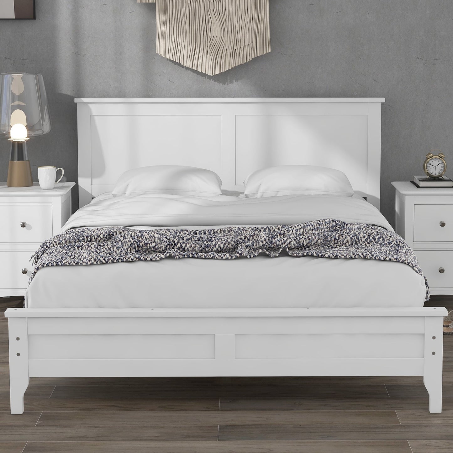 SYNGAR Full Platform Bed Frame, White Full Bed Frame Wood with Headboard, No Box Spring Needed, LJ2099