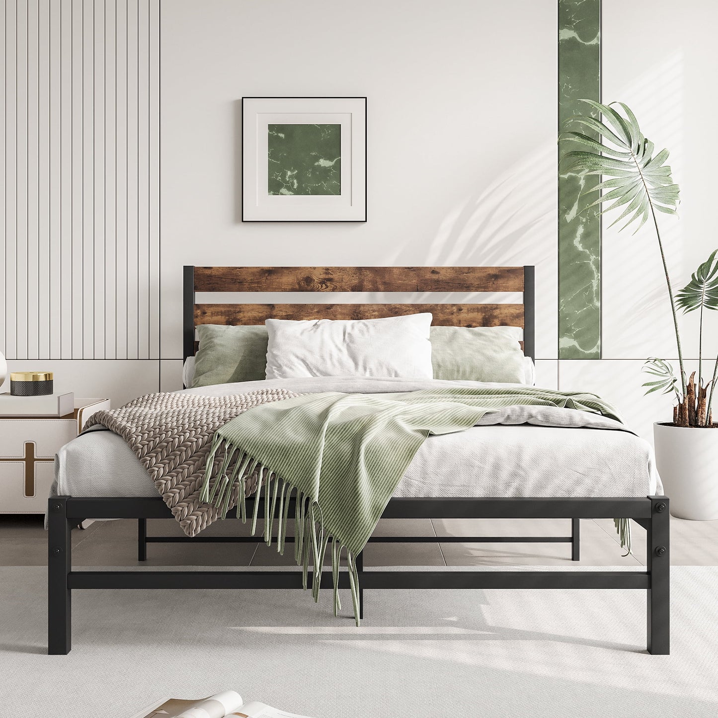 SYNGAR Queen Size Bed Frame with Headboard, Modern Queen Platform Bed frame with Steel Slats Support, No Box Spring Needed, for Kids Teens Adults Bedroom, Guest Room, Easy to Assemble, Black