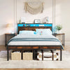 SYNGAR Full Bed Frame with LED Light and Charging Station, Modern Platform Bed Base with Headboard, No Box Spring Needed, Easy Assembly
