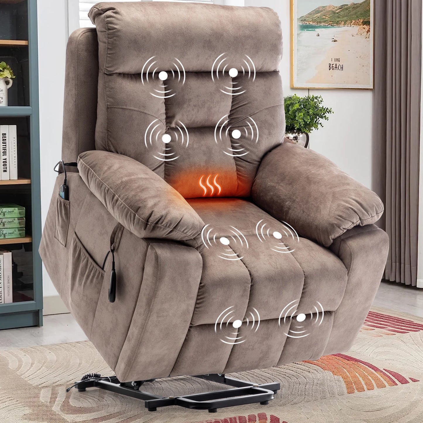 SYNGAR Large Power Lift Recliner Chair with Massage and Heat for Elderly, Overstuffed Wide Recliners Electric with Remote Control and Hidden Holders, Side Pockets, Beige Brown