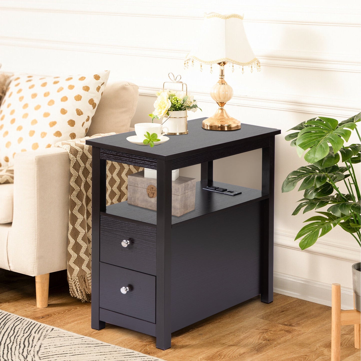 SYNGAR Side Table Set of 2 with Charging Station, End Table with USB Port and 2 Drawers for Bedroom Living Room, Black, LJ407