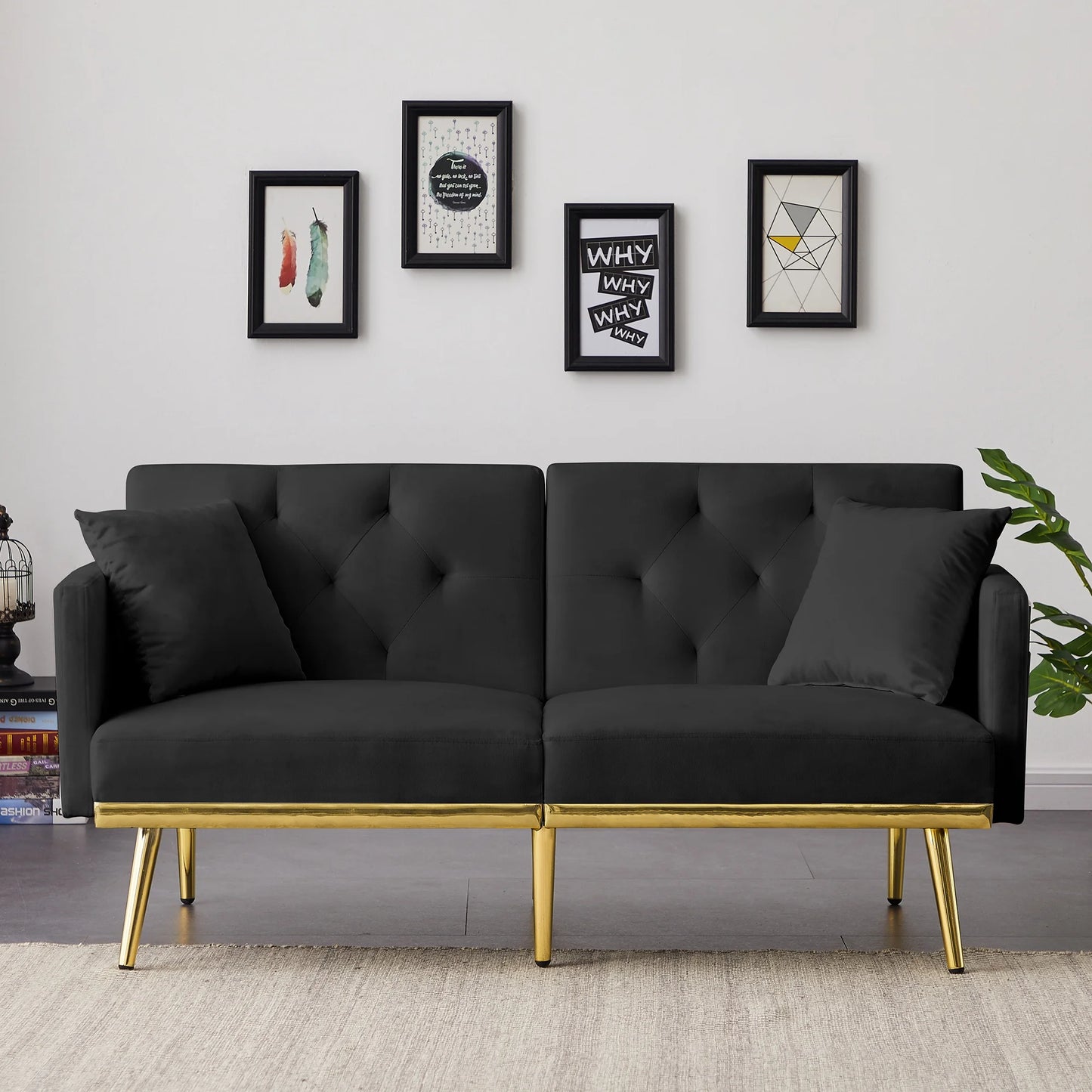 SYNGAR Sofas for Living Room, Velvet Upholstered Futon Sofa Bed Modern Convertible Folding Futon Lounge Couch for Apartment Dorm, Home Furniture Futon Sofa/Bed with Armrest, Gold Metal Legs, Black