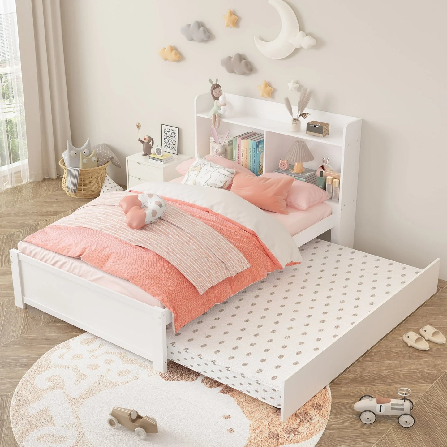 SYNGAR Twin Bed Frame with Trundle and Storage Bookcase, Modern Platform Bed Frame with Pull Out Trundle, Solid Wood Trundle Bed with Headboard Footboard, No Box Spring Needed, Gray