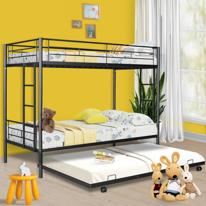 SYNGAR Twin over Twin Bunk Bed with Trundle, Loft Bunk Bed with Pull-out Trundle and Safe Full-length Guardrail, Metal Triple Bunk Bed can Convertible to 3 Single Platform Bed, 21 Slats Support, Black