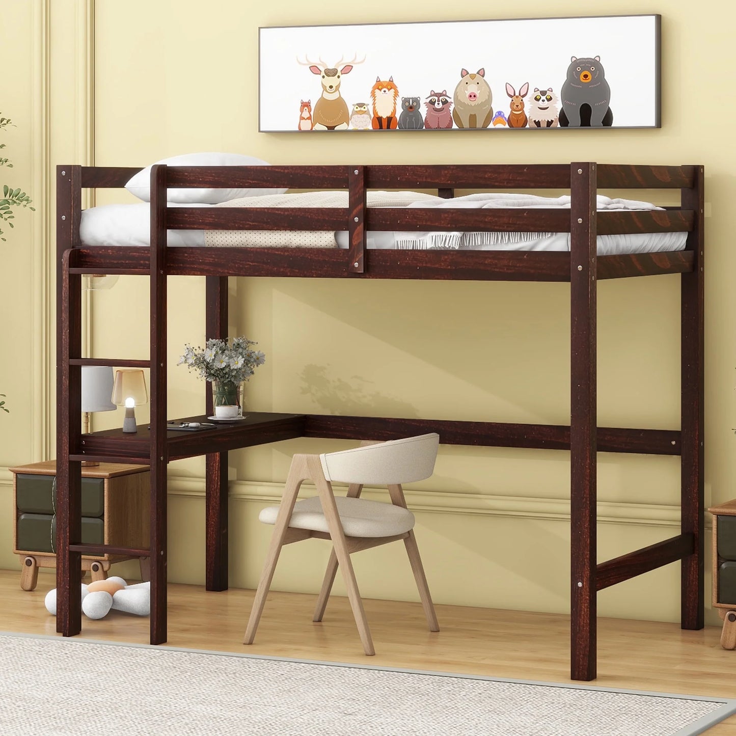 SYNGAR Twin Loft Bed with Desk, Rubber Loft Bed with Large Under Bed Storage Space, Space-Saving Bed Frame with Vertical Ladder and Safety Guard Rails for Boys Girls Kids Teens Adults, White