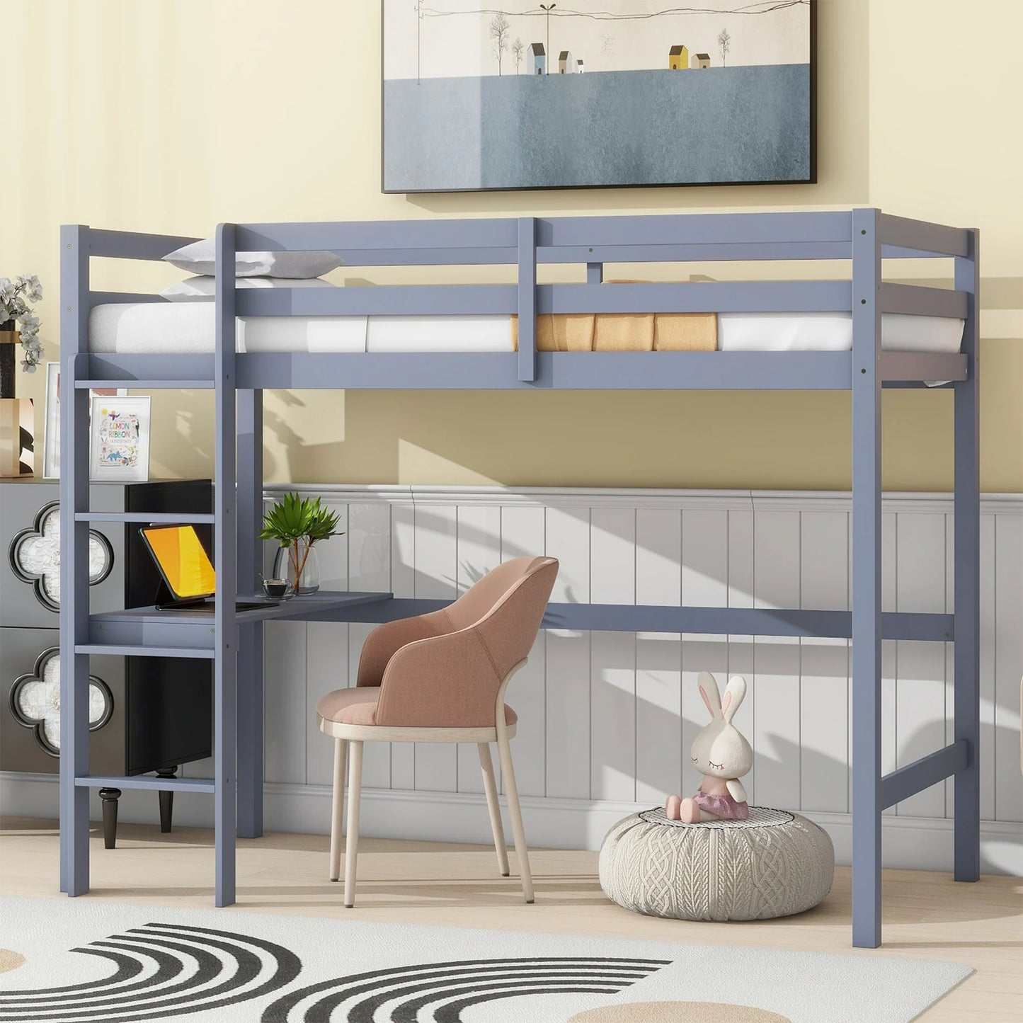 SYNGAR Twin Loft Bed with Desk, Rubber Loft Bed with Large Under Bed Storage Space, Space-Saving Bed Frame with Vertical Ladder and Safety Guard Rails for Boys Girls Kids Teens Adults, White