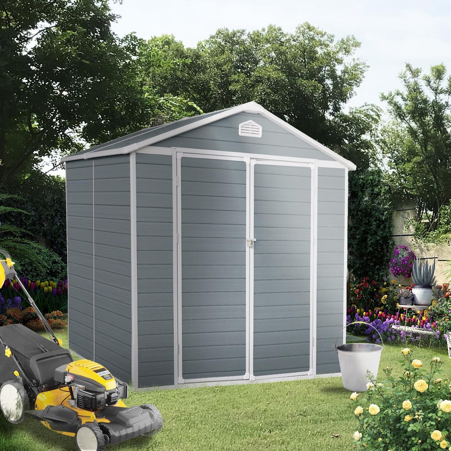 Syngar 6ft x 4ft Outdoor Plastic Storage Shed, All-Weather Tool Shed with Reinforced Floor, Pitched Roof and Double Lockable Doors, Large Garden Shed for Bikes, Lawnmowers, Trash Cans, Grey & White