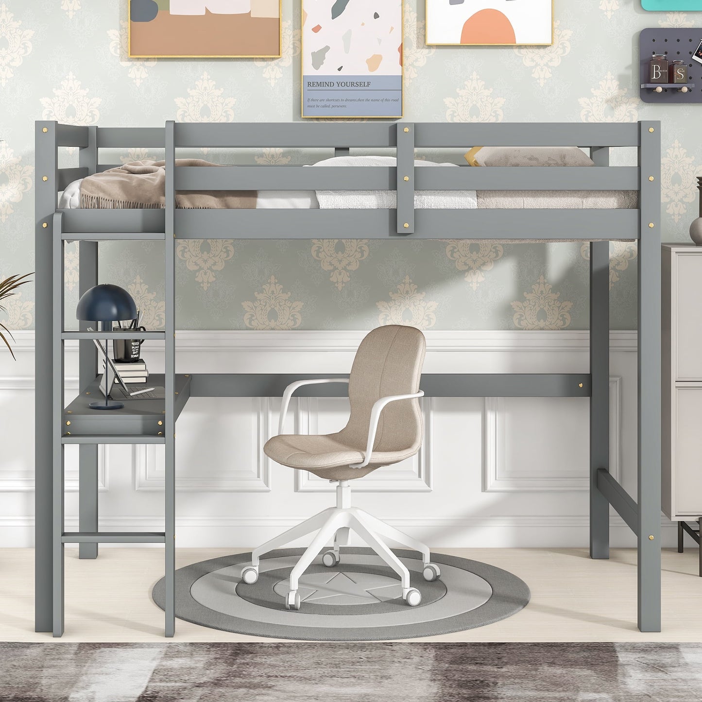 Syngar Loft Bed with Desk for Kids, Solid Pinewood Twin Loft Bunk Bed Frame with Ladder and Built-in Desk for Boys, Girls, Teens and Adults, No Box Spring Needed, White, LJ653