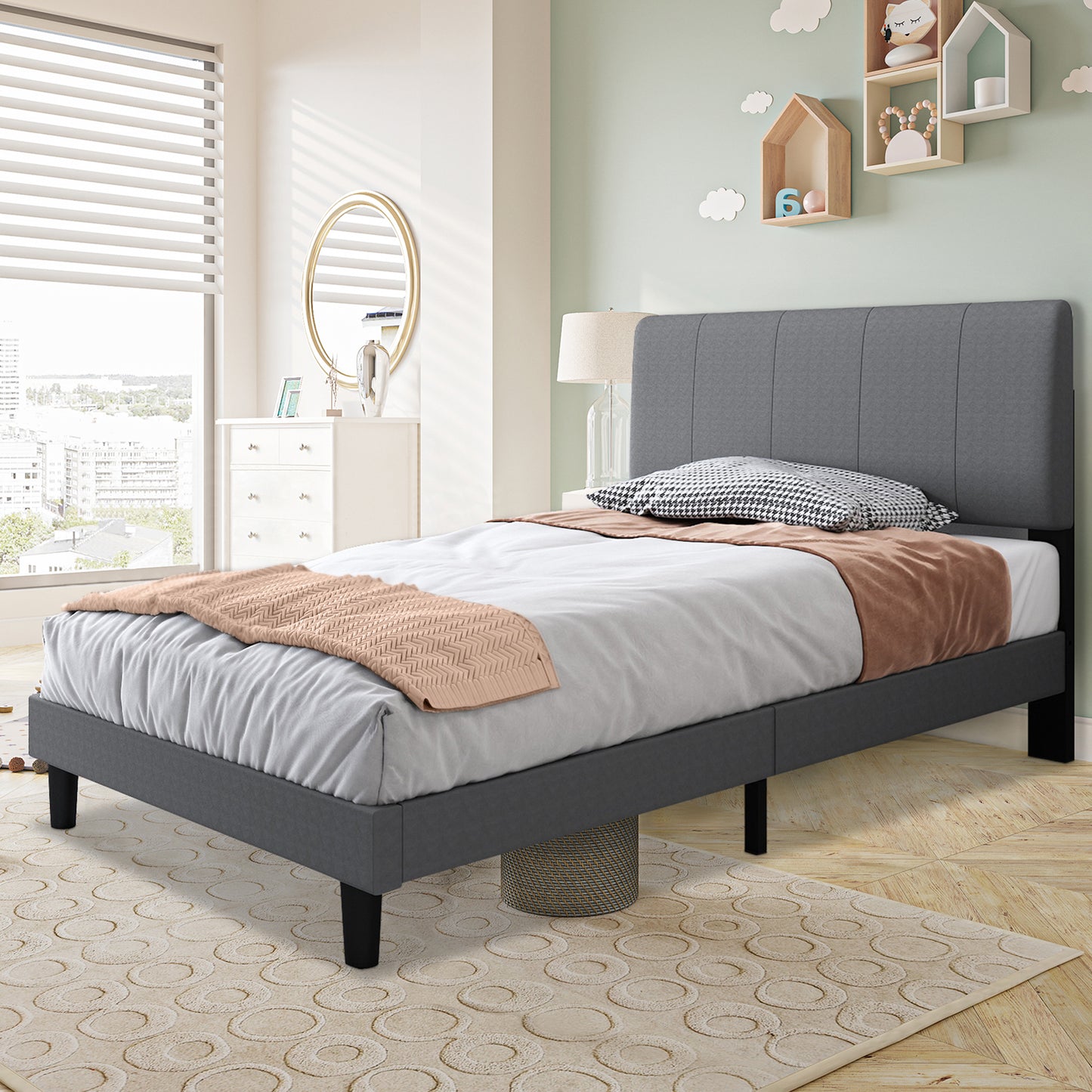 SYNGAR Twin Bed Frame, New Upgrade Twin Size Fabric Upholstered Platform Bed Frame with Height Adjustable Headboard, Bedroom Furniture Metal Frame Platform Bed Frame, No Box Spring Needed, Grey