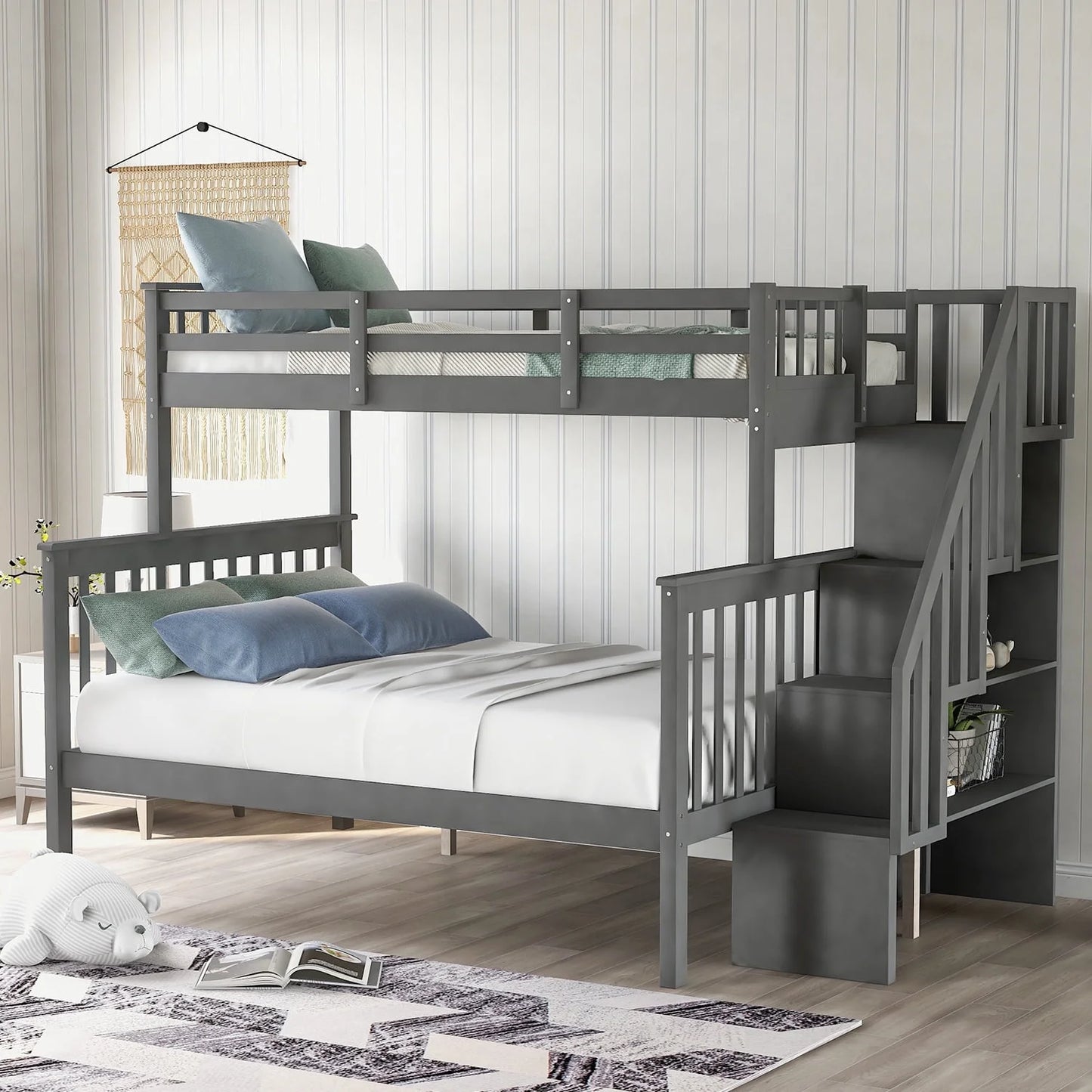 Twin over Full Bunk Bed, SYNGAR Solid Wood Bunk Bed Frame W/ Ladder, Safety Guardrail & Storage, Bedroom Convertible Bottom Bunk Bed Furniture for Kids Teens Adults, No Box Spring Needed, Gray, D2029