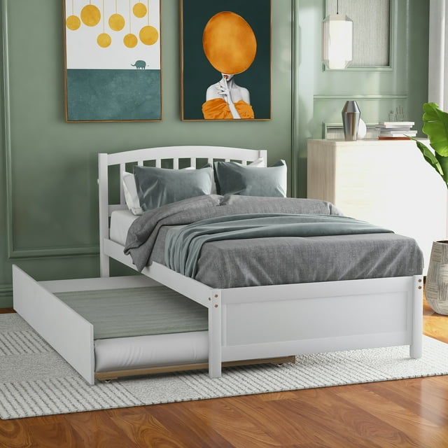 Twin Platform Bed Frame with Trundle, Solid Wood Bunk Bed Kids Bed for Boys Girls Adults, White, LJ726