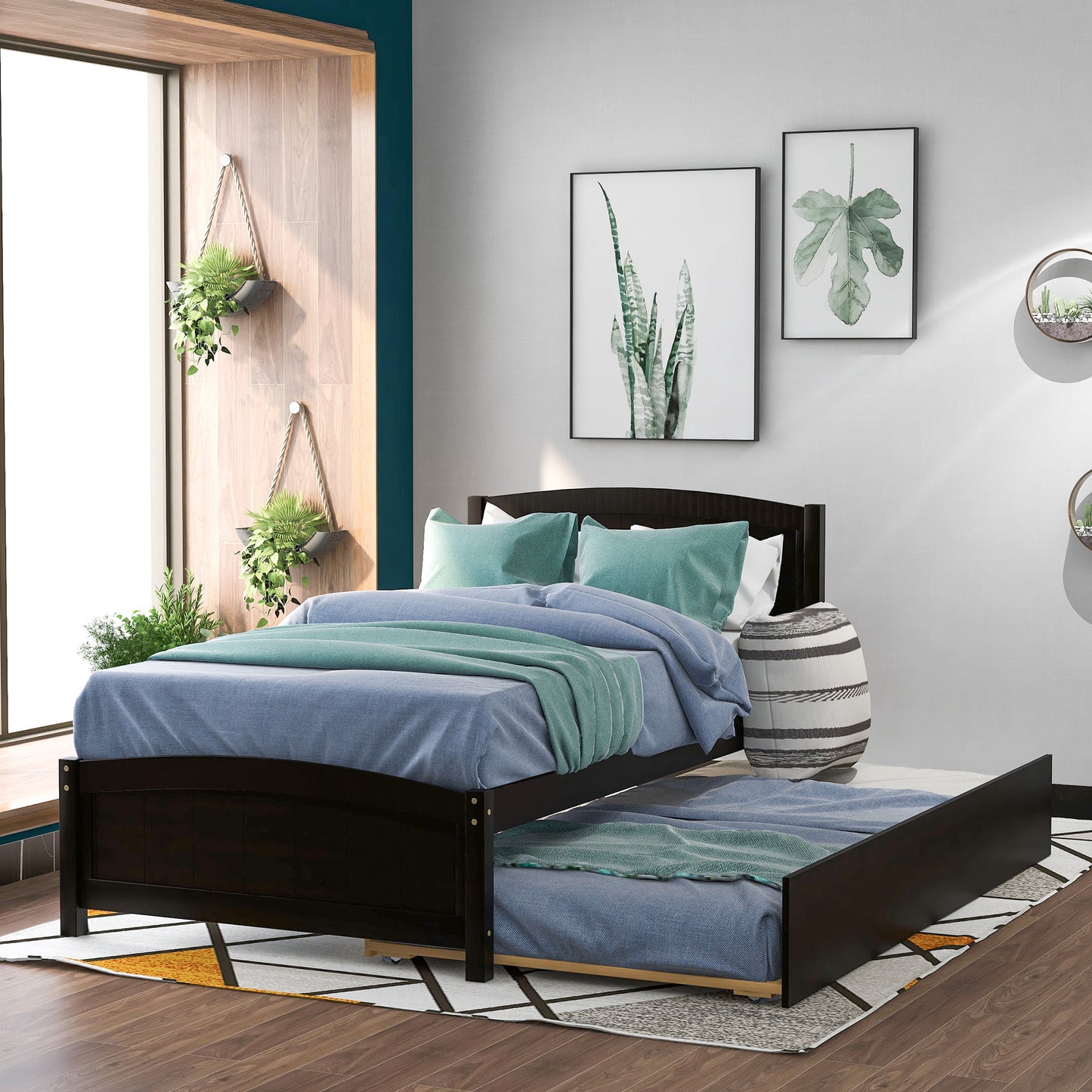 Twin Platform Bed Frame with Trundle, Solid Wood Bunk Bed Kids Bed for Boys Girls Adults, White, LJ726