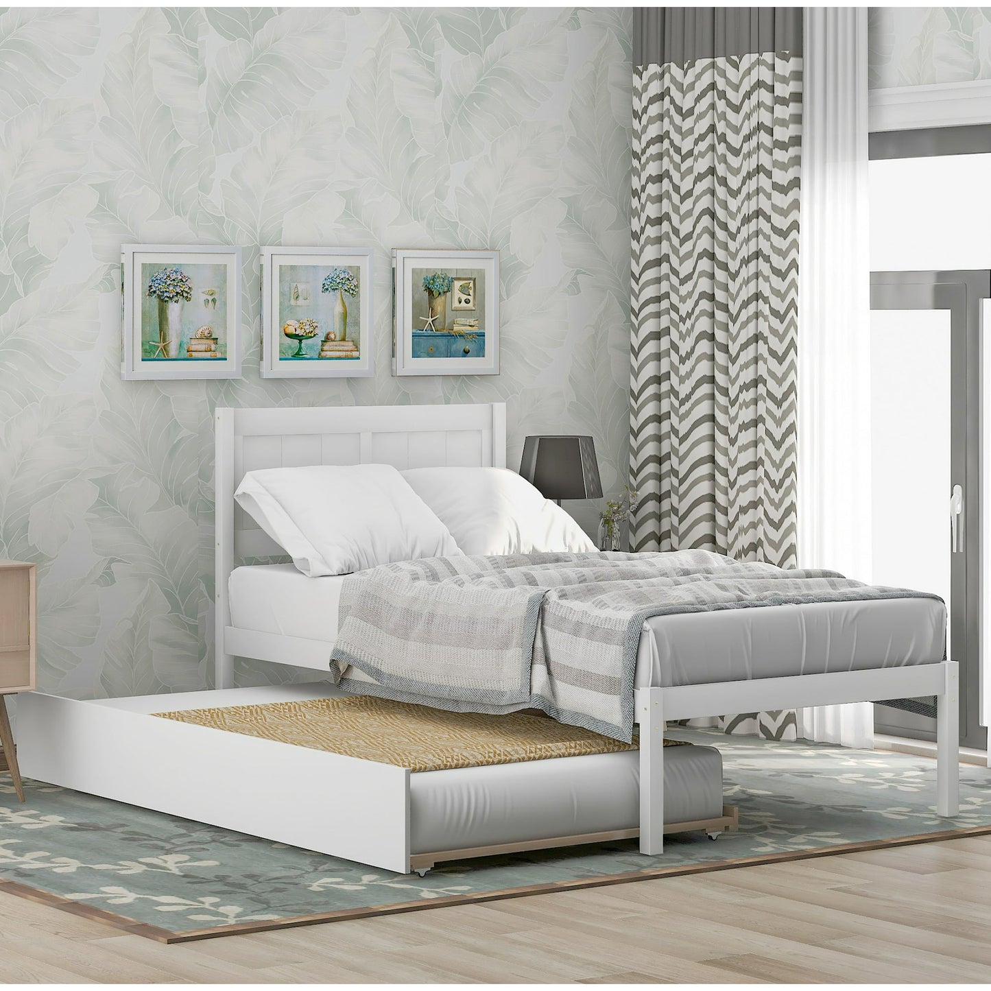 Twin Platform Bed Frame with Trundle, Solid Wood Bunk Bed Kids Bed for Boys Girls Adults, White, LJ726