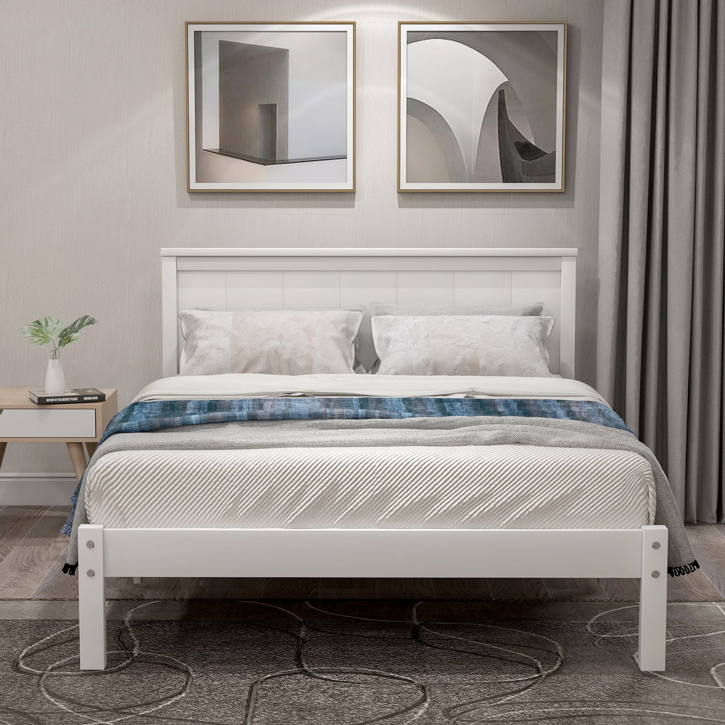 Twin Size Bed Frame with Headboard, Platform Bed Frame Solid Wood with Headboard, White, LJ2084