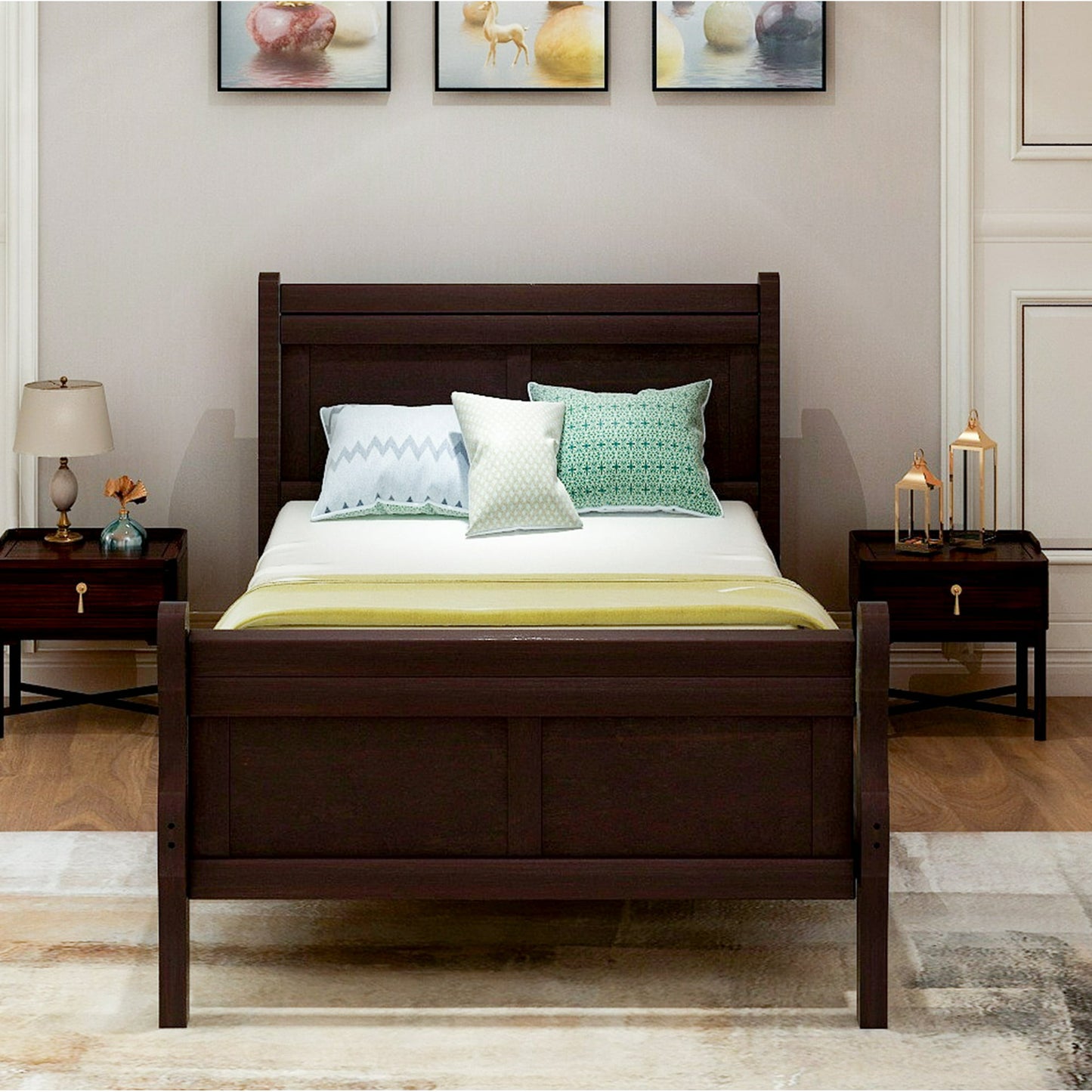 Twin Size Platform Bed with Headboard, Single Bed Twin Size with Wood Slat Support No Box Spring Needed, Sleigh Bed Kids Bed Easy to Assemble for Bedroom Guest Room, White, LJ3514