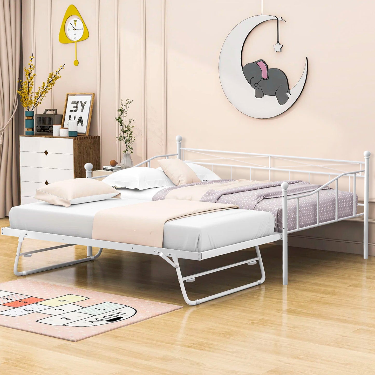 SYNGAR Daybed with Trundle, Metal Twin Daybed for Living Room/Bedroom, Twin Size Sofa Bed with Pop Up Trundle, Space Saving Design, Modern Home Platform Bed Frame, No Box Spring Needed, Black, D6610