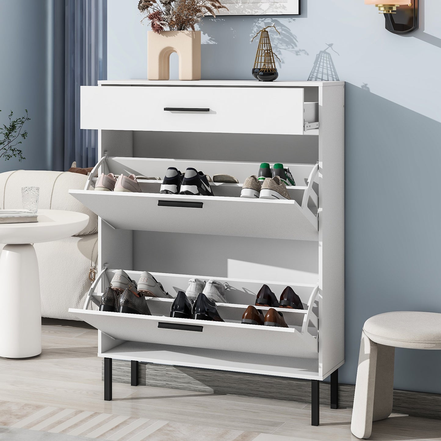 SYNGAR Shoe Cabinet Storage for Entryway, Modern Hidden Shoe Storage with 3 Flip Drawers for Shoes, Keys, and Other Small Items, Wooden Metal Leg Shoe Organizer for Apartment, White