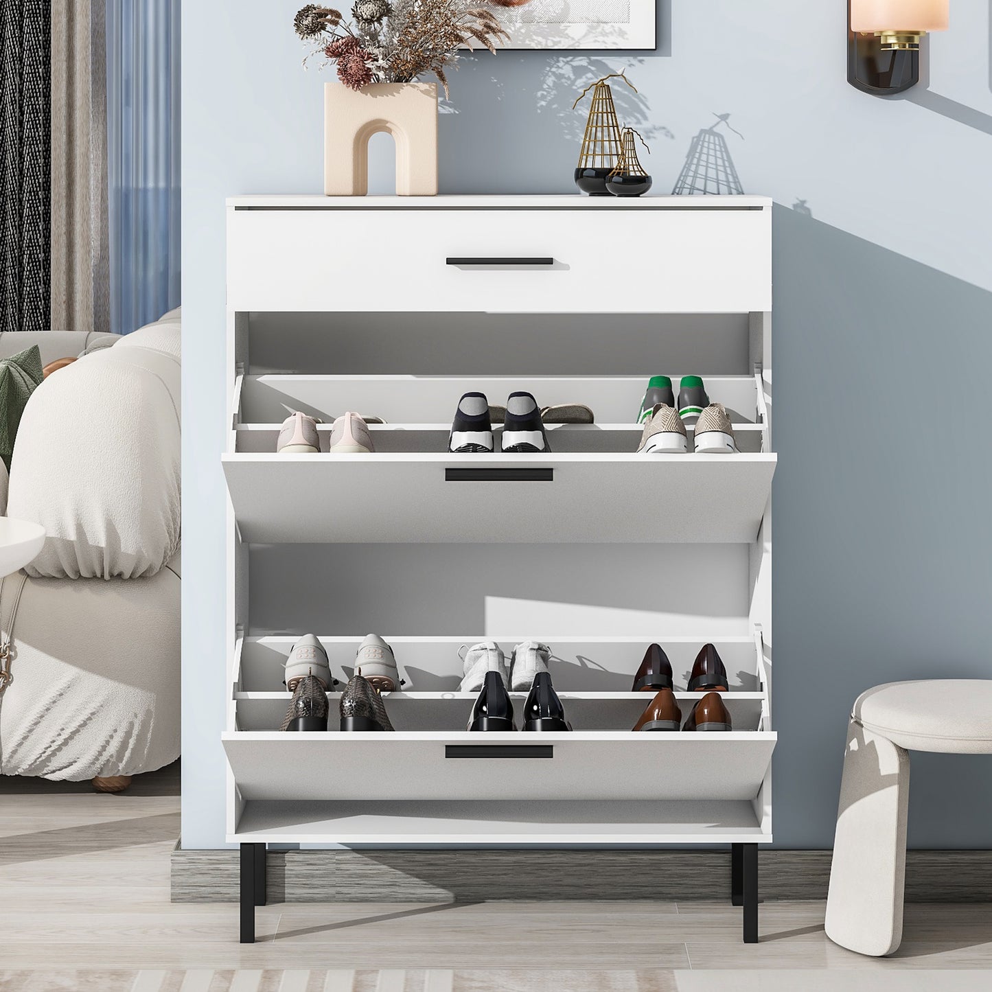 SYNGAR Shoe Cabinet Storage for Entryway, Modern Hidden Shoe Storage with 3 Flip Drawers for Shoes, Keys, and Other Small Items, Wooden Metal Leg Shoe Organizer for Apartment, White