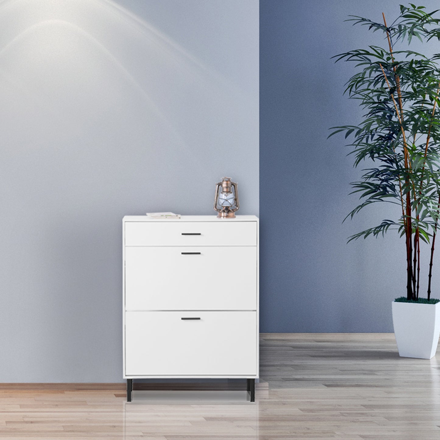 SYNGAR Shoe Cabinet Storage for Entryway, Modern Hidden Shoe Storage with 3 Flip Drawers for Shoes, Keys, and Other Small Items, Wooden Metal Leg Shoe Organizer for Apartment, White