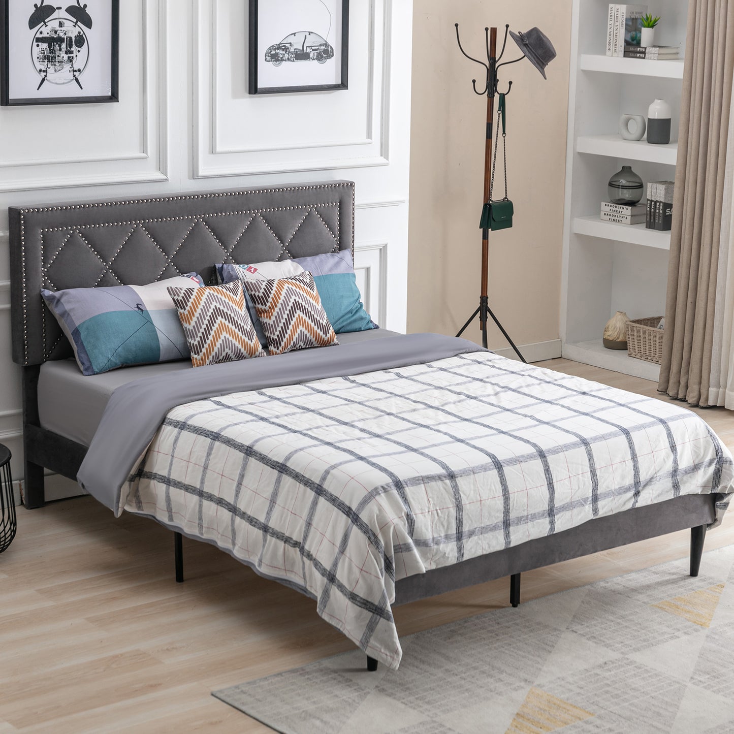 SYNGAR Upholstered Queen Bed Frame with Nailhead Trim Headboard, Fabric Platform Bed Frame Queen Size Bed Frame, Bedroom Furniture for Teens Adults, No Box Spring Needed, Gray