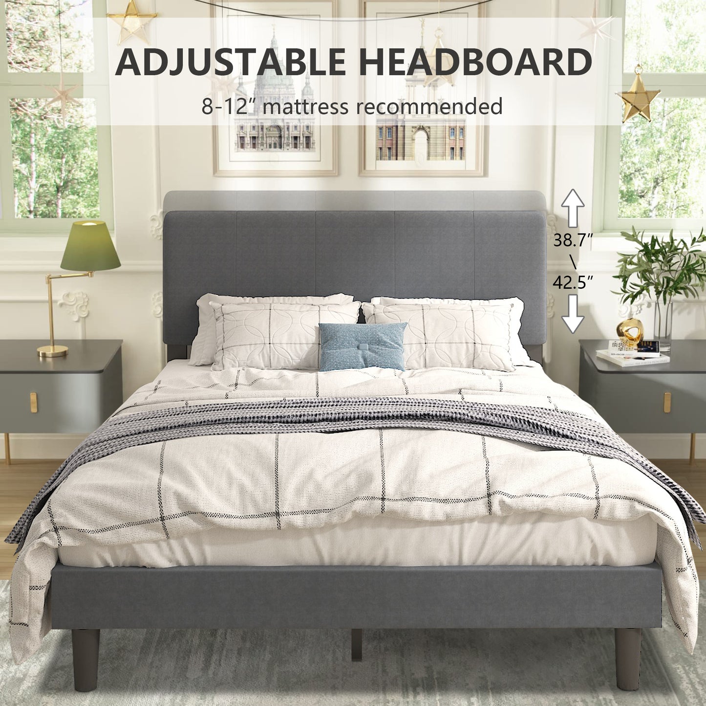 SYNGAR Gray Fabric Upholstered Platform Bed Frame Full Size with Height Adjustable Headboard, Metal Frame Bedroom Furniture with Strong Wooden Slat Support, No Box Spring Needed, Easy Assembly