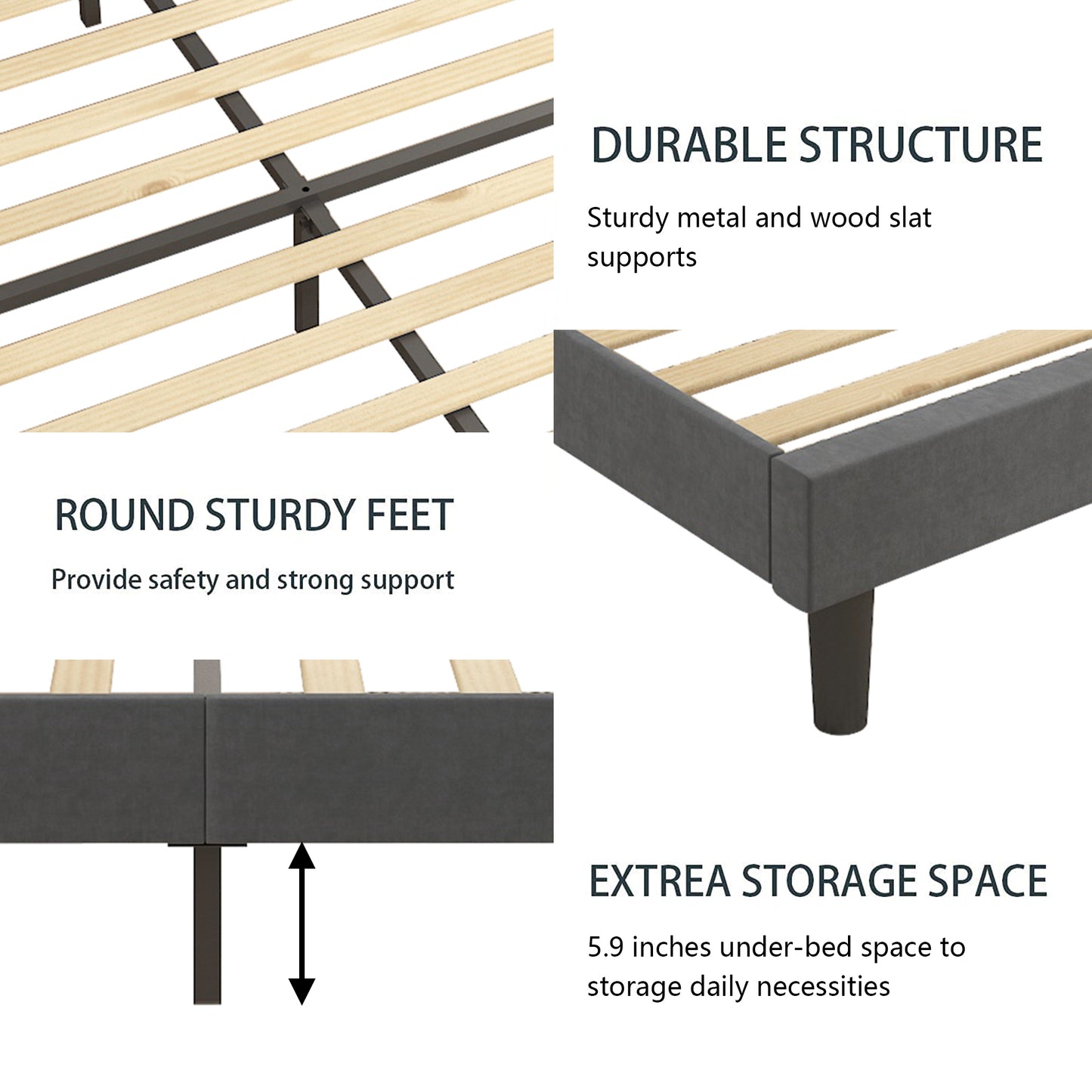 SYNGAR Gray Fabric Upholstered Platform Bed Frame Full Size with Height Adjustable Headboard, Metal Frame Bedroom Furniture with Strong Wooden Slat Support, No Box Spring Needed, Easy Assembly