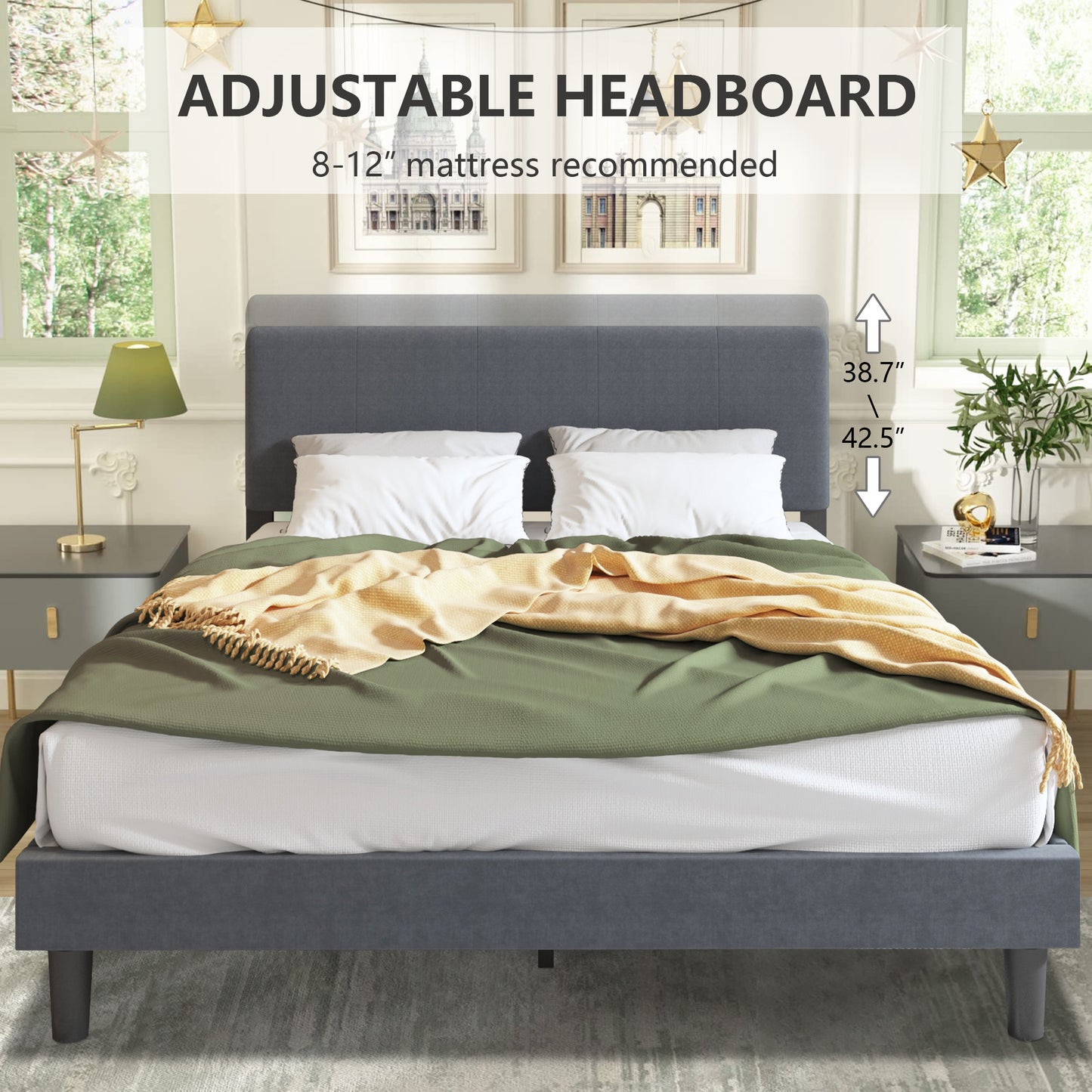 SYNGAR Queen Size Fabric Upholstered Platform Bed Frame with Elegant Headboard for Bedroom, No Box Spring Needed, Easy Assembly, Gray