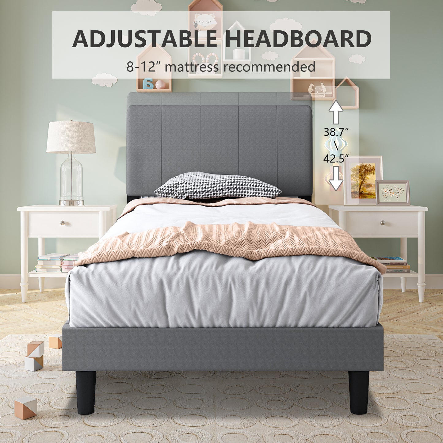 SYNGAR Twin Bed Frame, New Upgrade Twin Size Fabric Upholstered Platform Bed Frame with Height Adjustable Headboard, Bedroom Furniture Metal Frame Platform Bed Frame, No Box Spring Needed, Grey