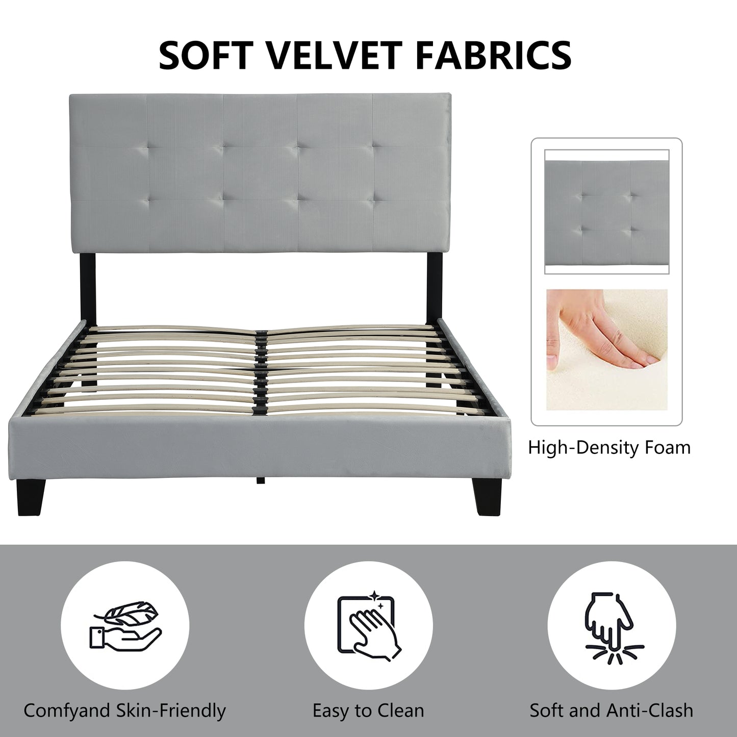 SYNGAR Gray Velvet Upholstered Platform Bed Frame Full Size with Elegant Headboard, Wood Frame Bedroom Furniture with Strong Slat Support, No Box Spring Needed, Noise Free, Easy Assembly