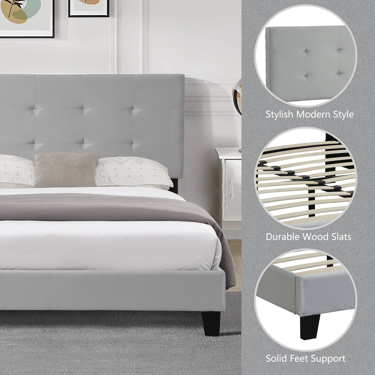 SYNGAR Gray Velvet Upholstered Platform Bed Frame Full Size with Elegant Headboard, Wood Frame Bedroom Furniture with Strong Slat Support, No Box Spring Needed, Noise Free, Easy Assembly