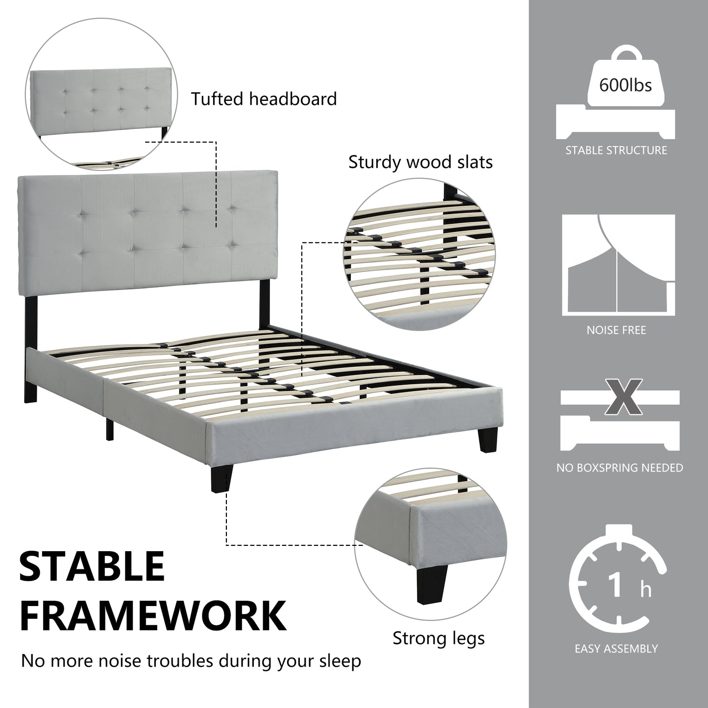 SYNGAR Gray Velvet Upholstered Platform Bed Frame Full Size with Elegant Headboard, Wood Frame Bedroom Furniture with Strong Slat Support, No Box Spring Needed, Noise Free, Easy Assembly