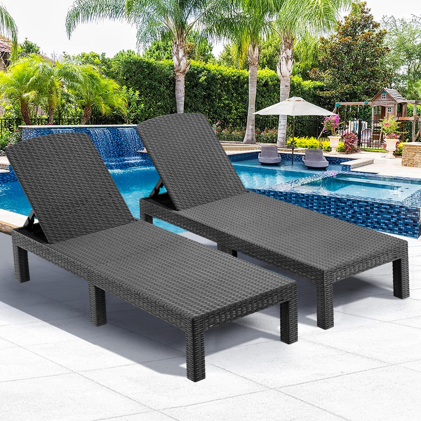 Syngar Chaise Lounge Set of 2, Patio Reclining Lounge Chairs with Adjustable Backrest, Outdoor All-Weather PP Resin Sun Loungers for Backyard, Poolside, Porch, Garden, Gray
