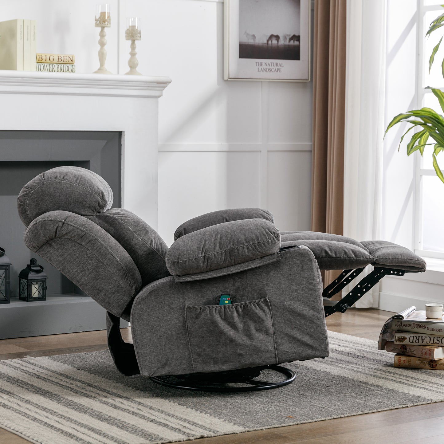 SYNGAR Manual Recliner Chair with Heat and Massage Function, USB and Cup Holders, Elderly Single Velvet Recliner Rocker Sofa Swivel Glider Chair for Nursery Living Room Home Theater Office, Gray