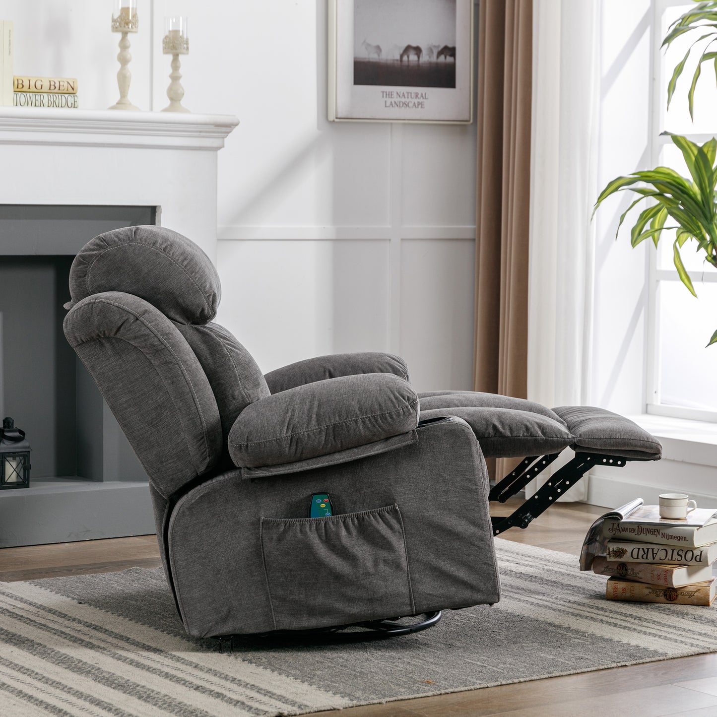 SYNGAR Manual Recliner Chair with Heat and Massage Function, USB and Cup Holders, Elderly Single Velvet Recliner Rocker Sofa Swivel Glider Chair for Nursery Living Room Home Theater Office, Gray