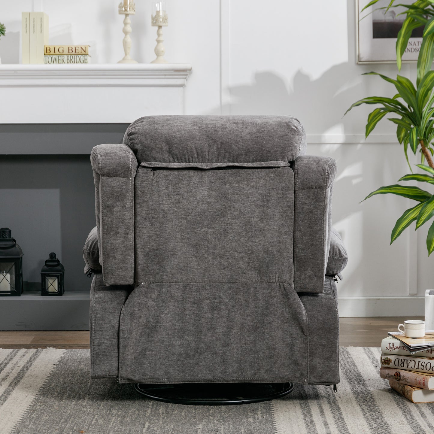 SYNGAR Manual Recliner Chair with Heat and Massage Function, USB and Cup Holders, Elderly Single Velvet Recliner Rocker Sofa Swivel Glider Chair for Nursery Living Room Home Theater Office, Gray