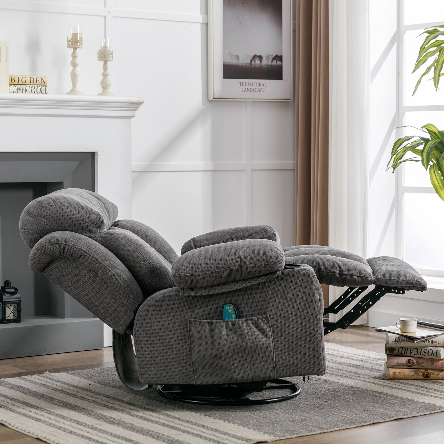 SYNGAR Recliner Sofa Chair with Heat and Massage Function, Manual Recliner Chair with USB and 2 Cup Holders, Velvet Rocker Single Sofa, Swivel Glider Chair for Nursery Bedroom Home Theater, Gray