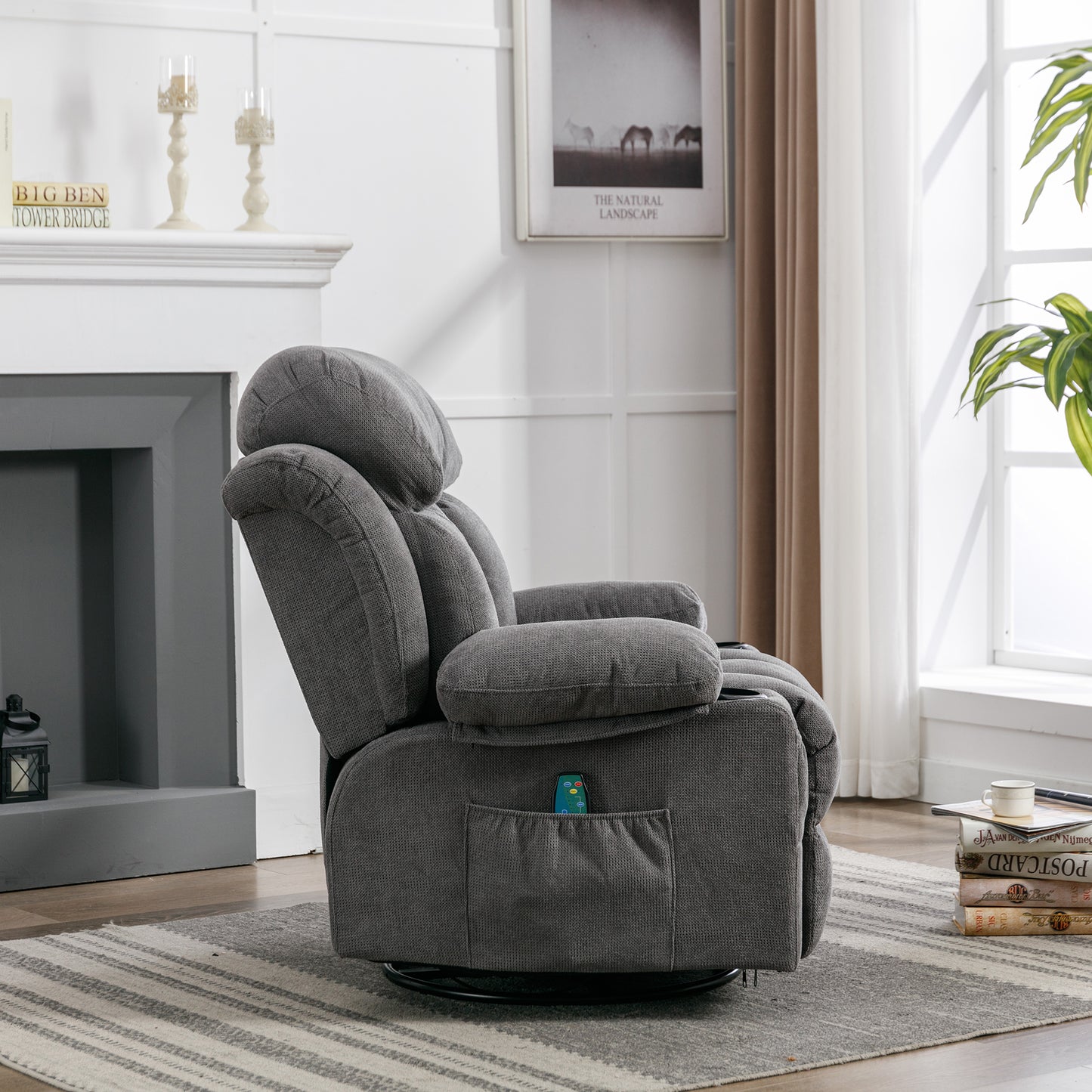 SYNGAR Recliner Sofa Chair with Heat and Massage Function, Manual Recliner Chair with USB and 2 Cup Holders, Velvet Rocker Single Sofa, Swivel Glider Chair for Nursery Bedroom Home Theater, Gray