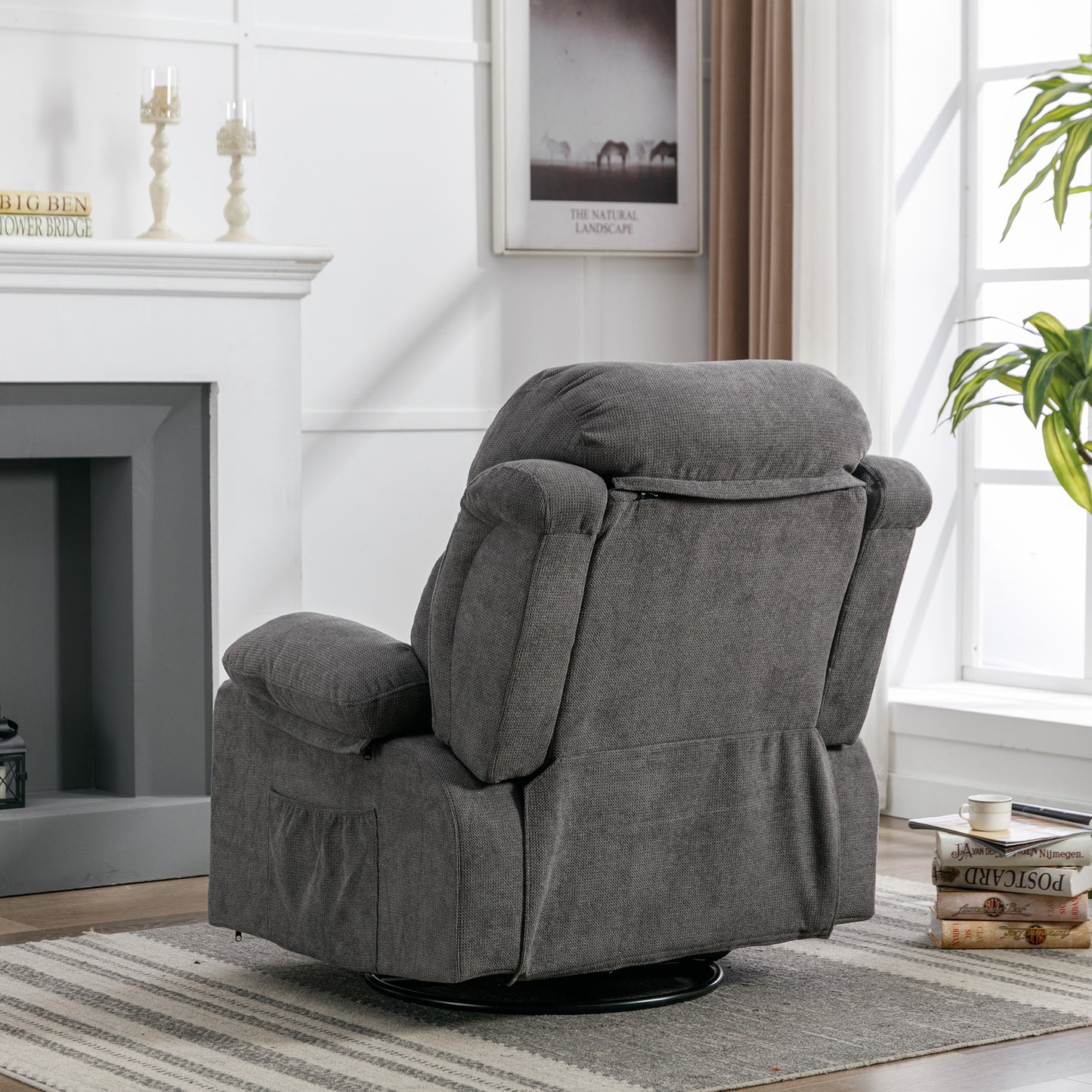 SYNGAR Recliner Sofa Chair with Heat and Massage Function, Manual Recliner Chair with USB and 2 Cup Holders, Velvet Rocker Single Sofa, Swivel Glider Chair for Nursery Bedroom Home Theater, Gray